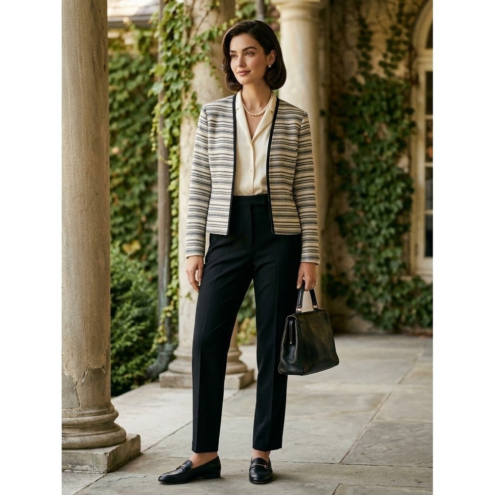 Evan Picone Black Label Minimalist Preppy Old Money Striped Open Blazer 16 Cream